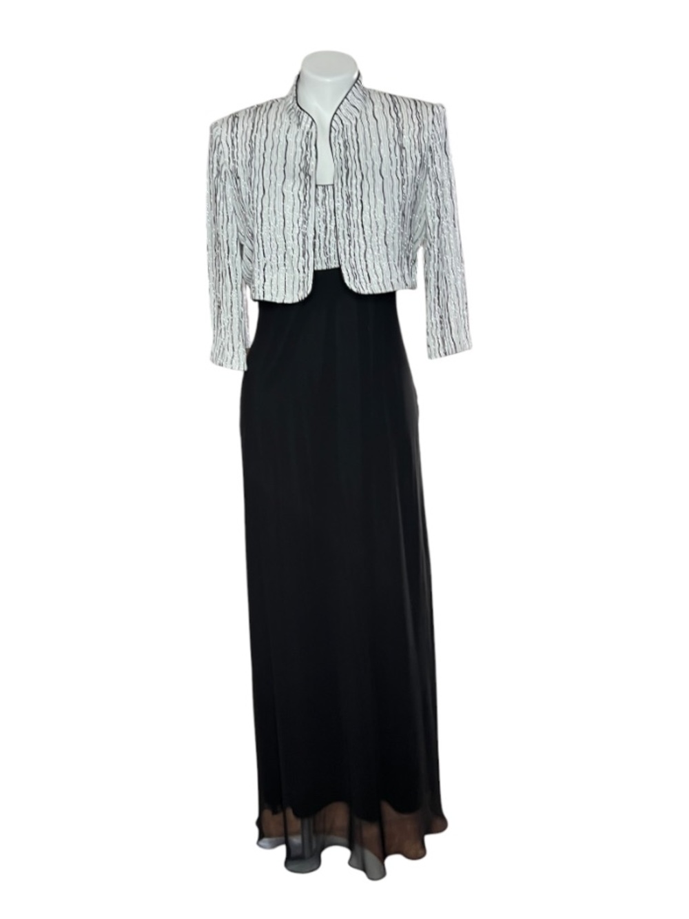 Vtg Alex Evenings Black Maxi Dress with White Patterned Jacket Glitter Bling